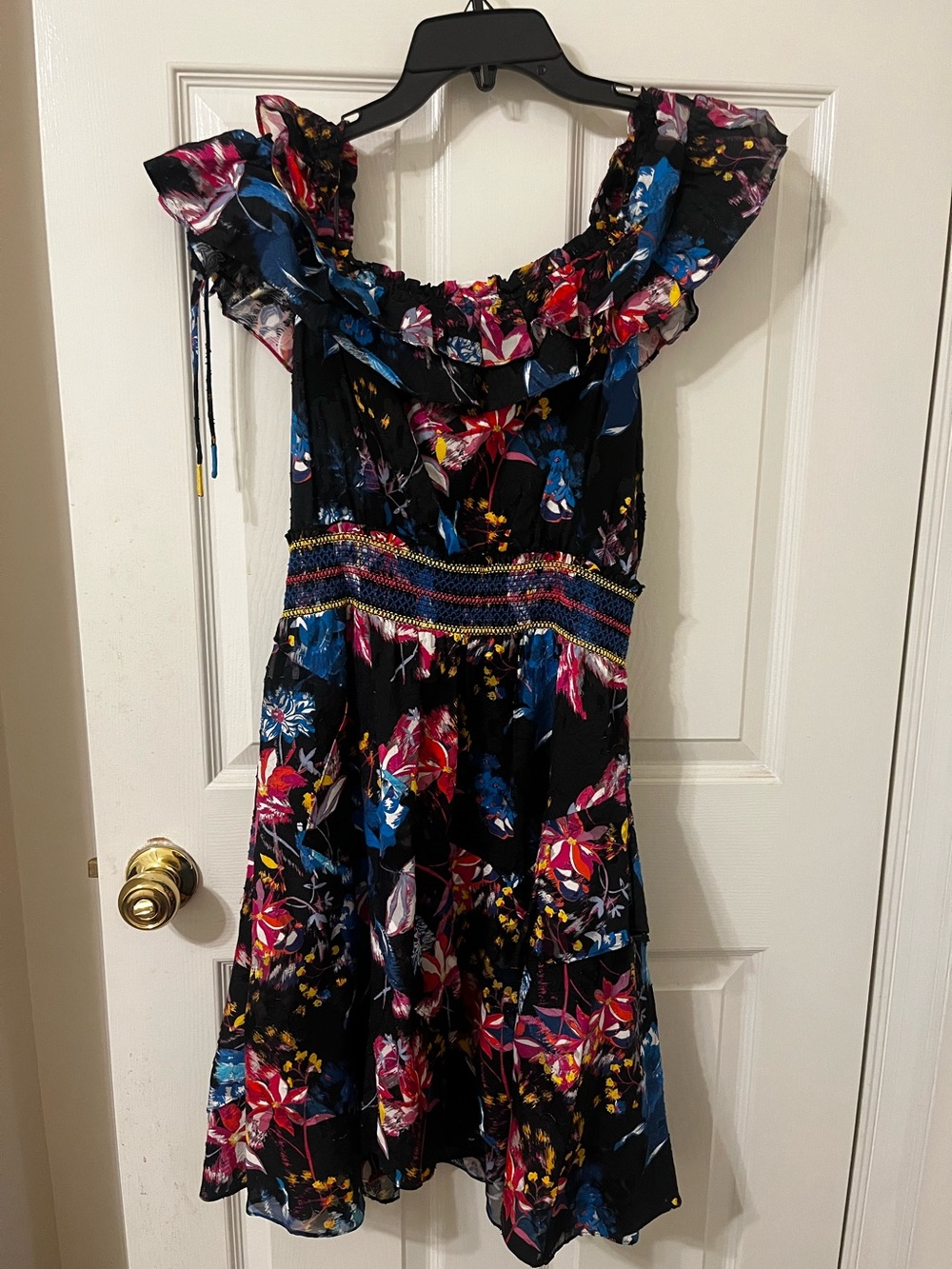 Tanya Taylor Black Floral Ruffle Dress with Blue & Pink Accents Sz 8